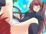  black_legwear blush crotch fallen_down game_cg green_eyes kneehighs long_hair long_sleeves onigirikun panties pantyshot pastel_chime red_hair rindou_rinna school_uniform socks solo striped striped_panties twintails underwear upskirt yellow_panties 