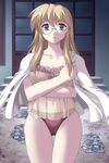  babydoll bangs blonde_hair blue_eyes blush bow bra breast_hold breasts cameltoe cleavage collarbone covered_navel cowboy_shot crossed_arms frills game_cg glasses kim_kwang_hyun kisetsu_no_hanayome lace lace-trimmed_bra lace-trimmed_panties lingerie long_hair looking_at_viewer medium_breasts open_clothes open_shirt outdoors panties parted_lips red_panties rimless_eyewear see-through shawl shirt shouji sidelocks sliding_doors solo stairs standing thigh_gap underwear yukishiro_natsumi 