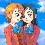  artist_request blazer blue_bow blue_hair bow bowtie brown_eyes cloud day duplicate futari_wa_precure jacket long_hair long_sleeves lowres misumi_nagisa multiple_girls orange_hair precure purple_eyes red_jacket school_uniform short_hair sky striped striped_bow striped_neckwear verone_gakuin_school_uniform yukishiro_honoka 