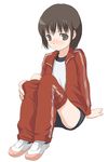  brown_eyes brown_hair buruma double_vertical_stripe gym_uniform jacket long_sleeves natori_(natorism) original pants_pull pulled_by_self short_hair sitting solo 