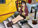  afternoon_(magazine) animal azuma_kiyohiko bag brown_hair cat cup eating food long_sleeves miniskirt pencil_skirt short_hair sitting sitting_on_stairs skirt solo stairs wallpaper 