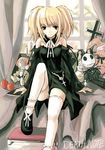  amane_misa apple bangs bunny cross death_note food fruit jack_skellington kotonemaru latin_cross solo thighhighs two_side_up window 