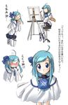  ahoge art_brush artist_request blue_hair blush bow canvas_(object) character_request closed_eyes easel hair_ribbon hands_clasped multiple_girls multiple_persona os-tan own_hands_together paintbrush painting palette ribbon shawl shoes short_hair sidelocks thighhighs translation_request white_legwear 