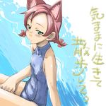  animal_ears braid cat_ears green_eyes halterneck kotetsu's_catgirl one-piece_swimsuit original pink_hair red_hair sakura_kotetsu school_swimsuit short_hair solo swimsuit twin_braids 