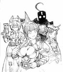  3girls 95-tan artist_request belt breasts cleavage glasses greyscale gun japanese_clothes kamen_rider kamen_rider_blade kamen_rider_blade_(series) kamen_rider_chalice kamen_rider_garren large_breasts monochrome multiple_girls os-tan rider-tan thighhighs weapon xp-tan 