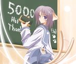  animal_ears blue_eyes cat_ears chalkboard classroom_eraser copyright_request hits long_sleeves purple_hair satomi school_uniform solo tail 