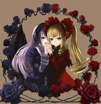  black_flower black_rose blonde_hair blue_eyes bonnet bow chiko_(kanhogo) dress drill_hair flower frills hairband holding_hands long_hair long_sleeves multiple_girls pink_eyes purple_eyes rose rozen_maiden shinku silver_hair suigintou wings 