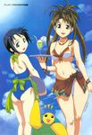  2girls beach bikini blue_eyes blue_hair bob_cut brown_eyes brown_hair day food ice_cream ice_cream_float long_hair love_hina maehara_shinobu multiple_girls narusegawa_naru official_art outdoors short_hair swimsuit uno_makoto 