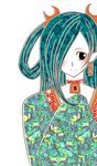  artist_request blush crescent earrings gankutsuou green_hair hair_over_one_eye haydee jewelry long_sleeves necklace pale_skin patterned patterned_hair simple_background sleeves_past_wrists smile solo 