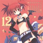  2006 bat_wings black_gloves calendar_(medium) december demon_girl disgaea elbow_gloves etna gloves makai_senki_disgaea_2 midriff miniskirt mitsumi_misato pointy_ears prinny red_eyes red_hair scan short_hair skirt solo tail thighhighs twintails wings 