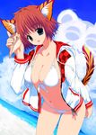  animal_ears beach bikini breasts cat_ears cleavage copyright_request day kusaka_souji large_breasts long_sleeves outdoors red_hair solo swimsuit 