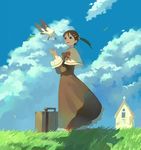  bird brown_hair church cloud day grass long_skirt long_sleeves original otani_osamu ponytail scroll skirt sky solo suitcase wind 