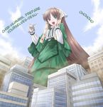  aircraft airplane blue_sky building city cloud day eichikei_(hakuto) giantess green_eyes heterochromia laughing long_hair long_sleeves outdoors red_eyes rozen_maiden sky skyscraper solo standing suiseiseki very_long_hair 