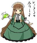  blush brown_hair chaba_(chabanyu) dress elephant green_eyes hat heterochromia long_hair long_sleeves lowres red_eyes rozen_maiden solo suiseiseki themed_object translation_request very_long_hair watering_can 
