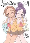  artist_request choppy flappy futari_wa_precure_splash_star hyuuga_saki lace lace-trimmed_panties long_sleeves mishou_mai multiple_girls one_eye_closed panties precure short_hair standing underwear v very_short_hair white_panties yuunagi_middle_school_uniform 