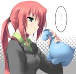  air holding kamio_haruko kantoku long_hair long_sleeves parted_lips pink_hair pony red_hair solo stuffed_toy upper_body 