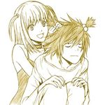  1girl amane_misa artist_request bags_under_eyes death_note hair_bobbles hair_ornament l_(death_note) lowres monochrome yellow 