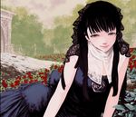  arm_support artist_request black_hair dress flower flower_request gothic green_eyes hair_ribbon long_hair looking_at_viewer original reclining ribbon smile solo very_long_hair 