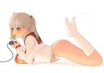  blonde_hair blue_eyes controller copyright_request game_controller kiriman_(souldeep) kneehighs long_sleeves lying no_pants on_stomach panties playing_games school_uniform serafuku side-tie_panties socks solo underwear video_game white_legwear white_panties 