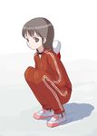  brown_eyes brown_hair double_vertical_stripe gym_uniform long_sleeves natori_(natorism) original solo squatting track_suit 