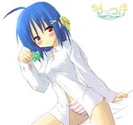  ahoge artist_request blue_hair blush condom copyright_request dress_shirt holding holding_condom panties red_eyes red_panties shirt short_hair sitting solo striped striped_panties third-party_edit underwear 