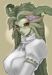  dress final_fantasy final_fantasy_xi garuda glasses green_hair green_skin monster_girl solo tomotsuka_haruomi wedding_dress 