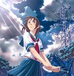  artist_request blush broken_umbrella brown_hair cloud day looking_afar looking_up midriff original pleated_skirt power_lines school_uniform serafuku skirt sky solo sunlight umbrella 