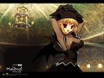  arms_up artist_request black_gloves black_hat black_skirt blonde_hair breasts choker cleavage demon_girl elbow_gloves gloves hair_ornament hairclip hat large_breasts mabinogi red_eyes see-through short_hair skirt smile solo succubus succubus_(mabinogi) wallpaper wings 