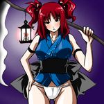  belt blush candle fundoshi hand_on_hip head_tilt japanese_clothes lantern lowres no_pants onozuka_komachi red_hair scythe solo standing tajima_yuuki thigh_gap touhou two_side_up 