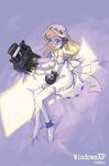  alternate_costume animal ankle_garter artist_request bed_sheet black_cat blonde_hair blue_eyes bow breasts cat character_name detached_sleeves dress frills from_above full_body garters headset indoors light_smile long_hair looking_at_viewer os-tan shade short_dress sleeves_past_wrists small_breasts smile solo strap_slip thighhighs typewriter white_dress white_legwear xp-tan zettai_ryouiki 