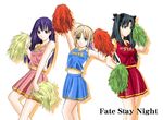  artoria_pendragon_(all) black_hair blonde_hair cheerleader clothes_writing fate/stay_night fate_(series) green_eyes long_hair matou_sakura multiple_girls pom_poms purple_hair saber toosaka_rin toshibou_(satsukisou) 