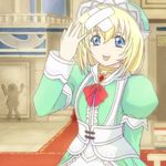  :p bandages blonde_hair blue_eyes collet_brunel long_sleeves lowres maid solo tales_of_(series) tales_of_symphonia tongue tongue_out wall_crash 