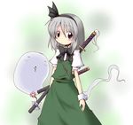  blue_eyes bow cappccino dress flower green green_background green_dress grey_hair konpaku_youmu konpaku_youmu_(ghost) puffy_sleeves ribbon scabbard sheath short_hair solo touhou wrist_cuffs 