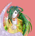  :o artist_request gankutsuou green_eyes hair_over_one_eye harp haydee instrument jewelry long_sleeves lowres music nail_polish neck_ring necklace parted_lips pendant pink_background playing_instrument pointy_ears simple_background solo yellow_nails 