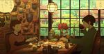  1girl brown_hair chopsticks eating food lantern long_sleeves original restaurant short_hair sitting table tashiro_hokekyo window 