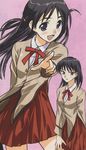  artist_request black_hair blue_eyes blush highres long_hair long_sleeves multiple_girls pink_eyes pleated_skirt pointing scan school_rumble school_uniform short_hair short_twintails siblings sisters skirt tsukamoto_tenma tsukamoto_yakumo twintails 