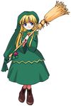  artist_request bangs blonde_hair blue_eyes boots broom brown_footwear closed_mouth cross-laced_footwear dress eyebrows_visible_through_hair full_body green_dress green_hat hat holding holding_broom lace-up_boots long_hair long_sleeves madou_monogatari puyopuyo sidelocks simple_background smile solo standing star straight_hair white_background wide_sleeves witch_(puyopuyo) 