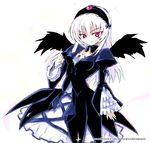  kurou_(niconicorin) long_hair long_sleeves pale_skin pink_eyes rozen_maiden simple_background smile solo suigintou white_background white_hair 