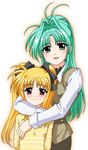  aqua_eyes aqua_hair artist_request blonde_hair child facial_mark fate_testarossa forehead_mark hug hug_from_behind lindy_harlaown long_sleeves lyrical_nanoha mahou_shoujo_lyrical_nanoha mahou_shoujo_lyrical_nanoha_a's multiple_girls red_eyes shirt striped striped_shirt 