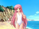  adjusting_hair bangs beach blush casual_one-piece_swimsuit cliff cloud day flat_chest game_cg gayarou halterneck kousaka_alice long_hair ocean one-piece_swimsuit outdoors parted_bangs pink_hair ribbon sky smile solo standing suigetsu swimsuit thigh_gap very_long_hair water white_swimsuit yellow_eyes 