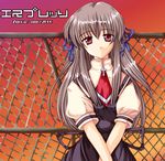  air brown_hair chain-link_fence cravat cross cross_necklace fence hair_ribbon head_tilt jewelry latin_cross necklace orange_sky puffy_short_sleeves puffy_sleeves red_eyes ribbon school_uniform short_sleeves sky solo sunset toono_minagi tsukamichi_fumi 