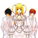  2boys amane_misa artist_request bags_under_eyes bangs blonde_hair brown_eyes death_note dress formal l_(death_note) long_hair long_sleeves lowres multiple_boys suit two_side_up white_dress white_suit yagami_light 