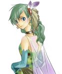  aqua_eyes aqua_gloves artist_request cape choker earrings feathers final_fantasy final_fantasy_iv gloves green_hair hair_ornament jewelry long_hair looking_at_viewer looking_back lowres rydia see-through simple_background solo star star_earrings white_background 