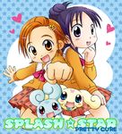  artist_request chibi choppy flappy futari_wa_precure_splash_star half_updo hyuuga_saki long_sleeves lowres mishou_mai multiple_girls precure short_hair very_short_hair yuunagi_middle_school_uniform 