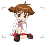  animal_yokochou blush brown_eyes brown_hair camera full_body ixy long_sleeves looking_at_viewer matsuzaki_ami red_shorts ribbon shirt shoes short_hair shorts simple_background solo two_side_up wavy_mouth white_background white_shirt 