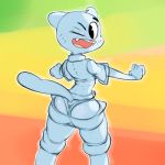  anthro blue_fur butt cartoon_network clothed clothing domestic_cat felid feline felis female fur looking_back mammal mature_female nicole_watterson one_eye_closed open_mouth panties pants pants_down partially_clothed rainbow_background rear_view simple_background solo the_amazing_world_of_gumball underwear unknown_artist wide_hips wink 