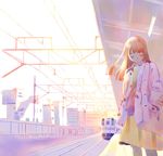  artist_request blush brown_hair cable closed_eyes coat cowboy_shot ground_vehicle hands_in_pockets head_down jacket long_hair long_sleeves open_clothes open_coat original railroad_tracks skirt smile solo standing train train_station unbuttoned 