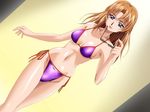  bikini blue_eyes breasts cleavage crossed_legs dutch_angle eyewear_removed game_cg holding holding_eyewear lips long_hair medium_breasts meshimase_idol navel orange_hair rindou_aya_(meshimase_idol) shadow_(artist) side-tie_bikini solo standing sunglasses swimsuit 