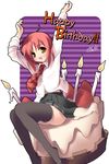  akino_momiji arms_up birthday birthday_cake black_legwear black_skirt blush cake candle candlelight food fruit in_food kantoku long_sleeves minigirl necktie no_shoes open_mouth pastry pleated_skirt red_hair sakura_musubi school_uniform sitting skirt solo strawberry thighhighs 