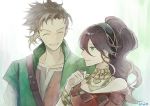  1boy 1girl alfyn_(octopath_traveler) blonde_hair blush bracelet brown_hair dancer dress eyes_closed gloves jewelry long_hair necklace octopath_traveler okii open_mouth ponytail primrose_azelhart short_hair simple_background smile 